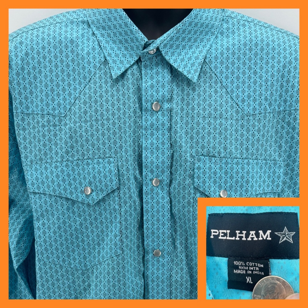 Pelham Mens XL Western Shirt Turquoise Diamond‎ Print Long Sleeve Cowboy